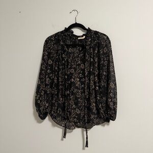 Anthropologie Meadow Rue Floral Print Sheer Tie Neck Blouse Black XS